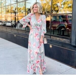 EXPRESS Floral Green and Pink Tie Waist Ruffled Leg Slit Maxi Dress M NWOT